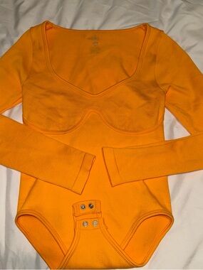 Aura Women's Long-Sleeve Ribbed Bodysuit in Bright Orange